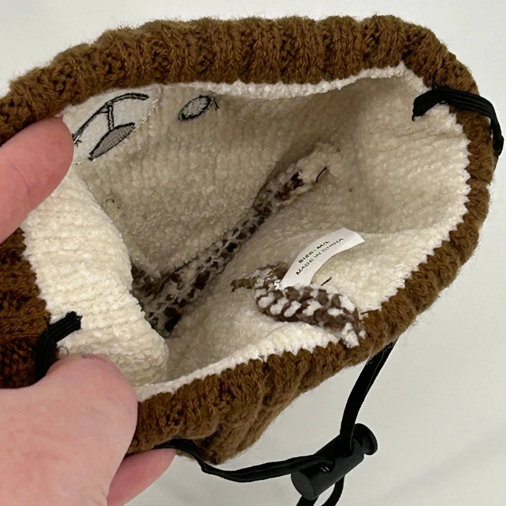 Dog Teddy Bear Winter Hat Brown Pom‎ Pom Beanie Adjustable Chin Strap M/L